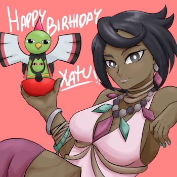 1girl aqua_gemstone aqua_nails bead_necklace beads bird black_hair breasts crop_top dark-skinned_female dark_skin diamond_(gemstone) diamond_earrings earrings gem gen_2_pokemon grey_eyes halter_shirt halterneck highres jewelry large_breasts midriff navel neck_ring necklace nintendo olivia_(pokemon) pink_gemstone pink_lips pink_shirt pokemon pokemon_(creature) pokemon_sm purple_shorts ramasan shirt short_hair shorts smile solo spanish_commentary upper_body xatu