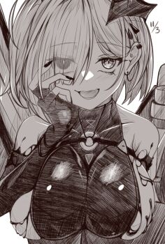 1girl above-cleavage_cutout absurdres black_gloves black_horns black_liquid black_nails blush breasts chest_belt clothing_cutout earclip elbow_gloves gloves goddess_of_victory:_nikke hair_over_one_eye highres horns kakuzatou_(cubesugar03196) liquid_clothes looking_at_viewer melting o-ring o-ring_strap one_side_up open_mouth sideboob single_horn smile solo upper_body white_background ziz_(nikke)