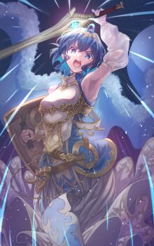 1girl absurdres alternate_costume arm_up armor armored_dress armpits bare_shoulders blue_cape blue_eyes blue_hair breastplate breasts cape cosplay cowboy_shot detached_sleeves dress eposhim falchion_(fire_emblem) female_morgan_(fire_emblem) fire_emblem fire_emblem_awakening fire_emblem_cipher floating_cape fur-trimmed_cape fur_trim highres holding holding_shield holding_sword holding_weapon looking_at_viewer lucina_(fire_emblem) lucina_(fire_emblem)_(cosplay) lucina_(hope-ruling_queen)_(fire_emblem) medium_breasts nintendo open_mouth second-party_source shield short_hair simple_background solo sword teeth tiara upper_teeth_only weapon