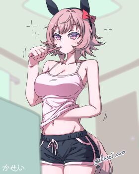 Rule 34 | 1girl, animal ears, bare arms, bare shoulders, black hairband, black shorts, blurry, blurry foreground, bow, breasts, brown hair, brown tail, brushing teeth, camisole, cleavage, clothes lift, collarbone, cowboy shot, curren chan (umamusume), dolphin shorts, eyelashes, flipped hair, hair bow, hairband, hand on own stomach, hand under clothes, hand up, holding, holding toothbrush, horse ears, horse girl, horse tail, indoors, kasei ovo, large breasts, light blush, looking ahead, midriff, navel, pink camisole, pink eyes, red bow, shirt lift, short hair, short shorts, shorts, solo, spaghetti strap, standing, tail, thick eyelashes, toothbrush, umamusume