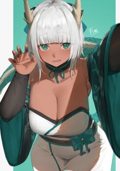 blush breasts character_request cleavage dark-skinned_female dark_skin green_eyes horns nail_polish nails scales tagme theflatfacadeds