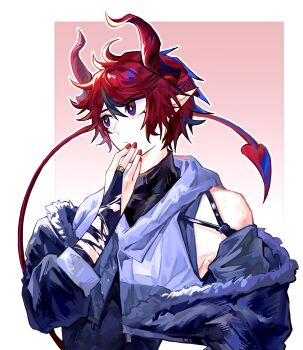 1boy ahoge black_jacket black_shirt black_streaks blue_eyes bridal_gauntlets bright_pupils chinese_commentary commentary_request cropped_jacket demon demon_boy demon_horns demon_tail detached_sleeves fur-trimmed_jacket fur_trim gradient_background grey_jacket hand_up highres hood horns jacket jacket_over_jacket jacket_partially_removed looking_to_the_side male_focus multicolored_hair pink_background pointy_ears red_hair red_nails shirt short_hair single_bare_shoulder single_detached_sleeve solo streaked_hair sumino_takumi tail the_hundred_line_-last_defense_academy- two-tone_background upper_body white_background white_pupils youzixiaozhu