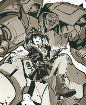 1girl 1other absurdres boots breasts gloves hair_ornament hair_ribbon highres kato_takuji long_hair mecha medium_breasts mio_sasuga monochrome necktie open_mouth pantyhose ribbon robot skirt solo super_robot_wars super_robot_wars_the_lord_of_elemental twintails zamzeed