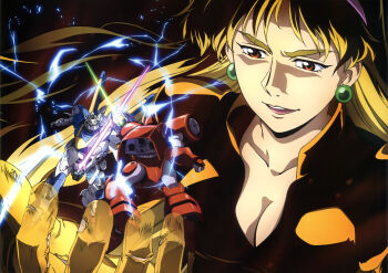 1990s_(style) 1girl artist_request battle blonde_hair breasts brown_eyes cleavage duel earrings energy energy_sword evil_eyes gundam gundam_perfect_file hairband highres hologram jewelry machinery mecha mecha_pilot_suit mobile_suit official_art open_mouth retro_artstyle rig_contio robot scan scene_reference science_fiction spoilers sword tongue torn_clothes v2_gundam victory_gundam weapon zanscare