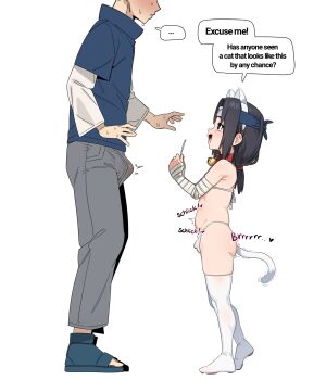 2boys :d :o ? ?? anal anal_object_insertion animal_collar animal_ears bandaged_arm bandages bell bikini black_eyes black_hair blue_shirt bulge collar commentary english_commentary english_text erection erection_under_clothes fake_animal_ears fake_tail forehead_protector from_side full_body grey_pants hairband head_out_of_frame high_collar highres in_(ain) jingle_bell long_hair micro_bikini multiple_boys naruto_(classic) naruto_(series) neck_bell object_insertion open-toe_shoes open_mouth paid_reward_available pants parted_lips paw_socks profile red_collar sex_toy shirt shota simple_background smile speech_bubble swimsuit tail thighhighs thighs uchiha_itachi vibrator white_background white_bikini white_hairband white_shirt white_thighhighs