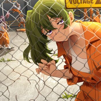 6+girls absurdres alternate_costume aura_(sousou_no_frieren) aura_bullying_(meme) basketball_court basketball_hoop blush brown_hair chain-link_fence commentary corpse demon_girl elf fence fern_(sousou_no_frieren) frieren green_hair grey_hair handjob_gesture highres horns khyle. long_hair multiple_girls orange_shirt pointy_ears prison prison_clothes purple_eyes purple_hair sense_(sousou_no_frieren) severed_head shirt side_ponytail sousou_no_frieren tank_top teasing ubel_(sousou_no_frieren) white_tank_top
