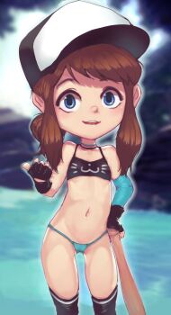 1girl a_hat_in_time animal_print baseball baseball_bat baseball_cap black_bra black_gloves black_hat black_thighhighs blue_eyes blue_panties blush bra brown_hair cat_print choker collarbone conoghi fingerless_gloves flat_chest gloves hand_on_own_hip hat hat_kid holding holding_baseball_bat loli long_hair looking_at_viewer navel ocean open_mouth panties pointing pointing_to_the_side pointing_with_thumb ponytail print_bra smile standing teeth thighhighs underwear water