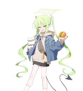 1girl absurdres blue_archive blue_jacket burger demon_tail food green_hair green_halo halo highres holding holding_burger holding_food hood hoodie jacket kneehighs long_hair looking_at_viewer miniskirt mom's_touch nozomi_(blue_archive) nozomi_(mom's_touch)_(blue_archive) official_alternate_costume official_art open_mouth pointy_ears skirt socks solo tail twintails white_background white_socks yellow_eyes