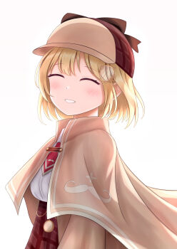 1girl blonde_hair blush bob_cut hair_ornament hat highres hololive hololive_english long_sleeves nazawa77 necktie open_mouth plaid_clothes red_necktie shirt short_hair skirt smile solo virtual_youtuber watson_amelia watson_amelia_(1st_costume) white_background white_shirt