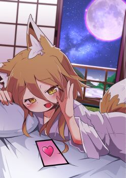 1girl :d absurdres alternate_costume animal_ear_fluff animal_ears blue_sky blush breasts commentary_request commission fang fox_ears fox_girl fox_tail full_moon grey_kimono hair_between_eyes hand_up heart highres indoors japanese_clothes kanisawa_yuuki kimono kudamaki_tsukasa light_brown_hair long_bangs looking_at_viewer lying medium_hair moon night on_bed on_stomach open_mouth pillow pov_across_bed railing shouji skeb_commission skin_fang sky sliding_doors small_breasts smile solo star_(sky) starry_sky tail touhou upper_body