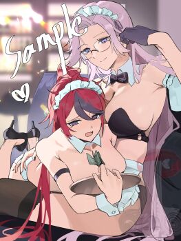 2girls ahoge anfuu_daisuki aotsuki_eito apron arm_strap banknote black_bow black_bowtie black_bra black_gloves black_nails black_panties black_shoes black_streaks black_thighhighs bow bowtie bra breasts chinese_commentary commentary couch detached_collar fang frilled_apron frills genderswap genderswap_(mtf) glasses gloves grey_eyes grey_hair half_gloves high_heels highres holding holding_plate indoors large_breasts long_hair lying maid_headdress money money_between_breasts multicolored_hair multiple_girls no_pants no_shirt on_couch on_lap on_stomach panties plate purple_eyes red_hair sample_watermark shoes single_half_glove skin_fang strapless strapless_bra streaked_hair sumino_takumi the_hundred_line_-last_defense_academy- thighhighs two-tone_hair underwear watermark white_wrist_cuffs wrist_cuffs