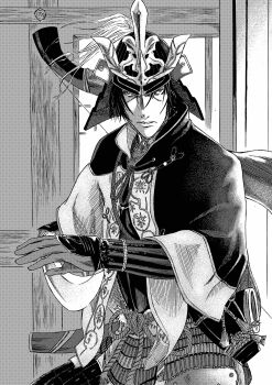 1boy 913kousatu absurdres armor ashina_genichirou capelet commentary_request cowboy_shot gauntlets gloves greyscale helmet highres japanese_armor kabuto_(helmet) looking_at_viewer male_focus monochrome samurai scabbard sekiro:_shadows_die_twice sheath short_hair solo