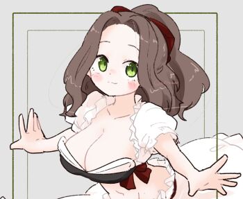 1girl blush bow breasts brown_hair cleavage closed_mouth commentary dress forehead green_eyes grey_background hair_bow hands_up inset_border large_breasts long_hair looking_at_viewer olto_rondo original red_bow short_sleeves smile solo symbol-only_commentary upper_body white_dress