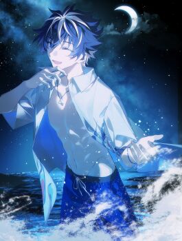 1boy absurdres black_hair blue_eyes blue_male_swimwear charlemagne_(bright_blue)_(fate) charlemagne_(fate) cloud collared_shirt commentary_request cowboy_shot crescent_moon fate/grand_order fate_(series) hair_between_eyes highres idass_(idass16) jewelry male_focus male_swimwear moon multicolored_hair navel necklace night night_sky ocean one_eye_closed open_clothes open_mouth open_shirt outdoors pectorals shirt short_hair short_sleeves sky smile solo splashing star_(sky) streaked_hair swim_trunks two-tone_hair wading water white_hair white_shirt