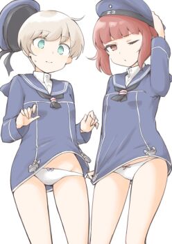 akara_kai blonde_hair blue_eyes blush breasts brown_eyes brown_hair clothes_lift clothes_writing dress dress_lift embarrassed hat highres kantai_collection long_sleeves looking_at_viewer one_eye_closed panties sailor_collar sailor_dress sailor_hat short_hair small_breasts underwear white_panties z1_leberecht_maass_(kancolle) z3_max_schultz_(kancolle)