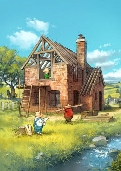3boys blue_overalls blue_sky box brick bridge chimney fence formal_clothes green_suit highres house ladder log multiple_boys outdoors overalls pig_boy plaid_clothes plaid_shirt shirt sky stream suit three_little_pigs tree wolf yoshida_seiji