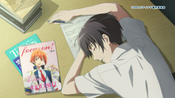 1boy anime_coloring atri-my_dear_moments- black_hair character_print closed_eyes copyright_notice end_card from_above highres holding holding_pen idolish7 ikaruga_natsuki looking_at_viewer magazine_(object) male_focus nanase_riku official_art ono_kenshou orange_eyes orange_hair parted_lips pen profile shirt short_hair short_sleeves sleeping solo spiked_hair upper_body voice_actor_connection white_shirt