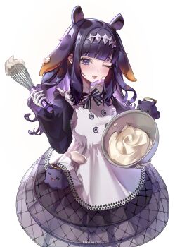 absurdres animal_ears black_dress commentary cream cream_on_body cream_on_face dress english_commentary food food_on_face harpoon highres holding holding_whisk hololive hololive_english hppu8734 long_hair looking_at_viewer maid multicolored_hair ninomae_ina'nis ninomae_ina'nis_(pastry_chef) one_eye_closed open_mouth ribbon simple_background takodachi_(ninomae_ina'nis) tongue tongue_out whisk white_background