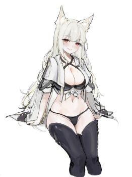 1girl absurdres animal animal_ear_fluff bikini black_bikini black_boots blush boots breasts brown_eyes cleavage cropped_jacket feet_out_of_frame hair_between_eyes head_tilt highres jacket large_breasts long_hair long_sidelocks looking_at_viewer navel open_clothes open_jacket original parted_lips short_sleeves sidelocks simple_background sitting solo stomach swimsuit takealook thigh_boots thighs white_background white_hair white_jacket