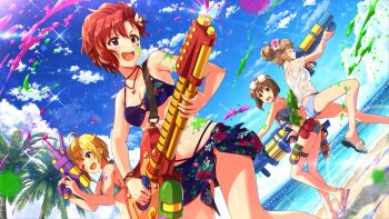 4girls beach bikini blue_bikini blue_eyes blue_sarong breasts commentary_request day dutch_angle facial_mark floral_print game_cg glint hagiwara_yukiho ibuki_tsubasa idolmaster idolmaster_million_live! idolmaster_million_live!_theater_days julia_(idolmaster) multiple_girls official_art open_mouth outdoors paint print_bikini print_sarong red_hair sandals sarong short_hair star_(symbol) star_facial_mark swimsuit tenkuubashi_tomoka third-party_source water_gun