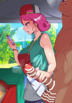 1boy 1girl absurdres apron ashikoshi_jakushi bar_censor bare_shoulders baseball_cap blue_pants blue_sky blurry blurry_background blush breasts cellphone censored cowboy_shot dark-skinned_male dark_skin day expressionless eyebrows eyelashes fingernails from_side gen_4_pokemon green_shirt grey_apron hand_up handjob hat hetero highres holding holding_phone interracial joy_(pokemon) large_breasts lipstick long_fingernails looking_at_object makeup matching_hair/eyes medium_hair multitasking nail_polish nintendo open_mouth outdoors pants penis phone pink_eyes pink_hair pink_lips pink_nails pokemon pokemon_sv precum red_apron red_hat rotom rotom_phone shirt sky sleeveless sleeveless_shirt smartphone solo_focus standing testicles two-tone_apron two-tone_hat variant_set white_hat