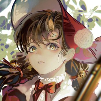 1girl bell blush bow brown_eyes brown_hair choker eyelashes flower flower_as_hat frilled_choker frills hat highres long_hair looking_at_viewer original parted_bangs parted_lips profile quanquan_bao_ningmeng red_bow red_hat solo square white_flower