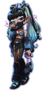 1girl black_hair blackberreh-art blue_eyeshadow blue_hair blush body_markings bralette breasts butterfly_hair_ornament chain chain_necklace cleavage coat collar commentary deformed english_commentary eyeshadow full_body fur_coat goth_fashion hair_ornament high-waist_pantyhose highres jewelry long_hair makeup mask min_xia mouth_mask navel necklace original pantyhose skirt spiked_collar spiked_hair_ornament spikes the_magnus_archives twintails