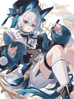 1boy animal_ears artist_name belt belt_buckle bib_collar bishounen black_belt black_hat black_jacket blue_bow blue_eyes blue_gem blue_hair blue_nails blue_tail book bow brooch buckle buttons center_frills colored_inner_animal_ears colored_inner_hair commentary_request double-breasted dynamic_pose expressionless feet_out_of_frame fingernails flipped_hair frilled_shirt_collar frilled_sleeves frills gem hair_intakes hat hat_bow highres holding holding_book holding_pen jacket jewelry kneehighs long_sleeves looking_at_viewer male_focus multicolored_hair nail_polish namiki_itsuki neck_ribbon nib_pen_(object) open_book open_clothes open_jacket open_mouth original pen pocket_watch pom_pom_(clothes) rabbit_ears rabbit_tail ribbon shirt short_hair short_shorts shorts side_slit side_slit_shorts signature sleeve_cuffs sleeves_past_wrists socks solo tail thigh_belt thigh_strap top_hat triangle_mouth two-tone_hair watch watermark white_background white_hair white_shirt white_shorts white_socks