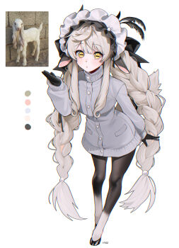 1girl absurdres animal animal_feet blonde_hair braid full_body furry furry_female goat goat_girl grey_jacket hand_up haze_(7h4ze) highres hooves horizontal_pupils horns jacket long_hair looking_at_viewer original reference_inset simple_background solo standing tail twin_braids very_long_hair white_background yellow_eyes