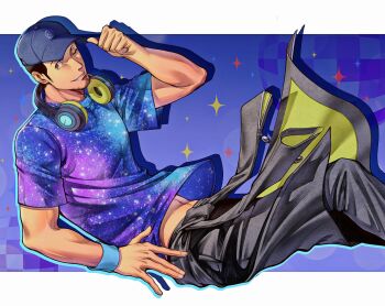 Rule 34 | 1boy, baseball cap, black hair, black pants, blue hat, clothes around waist, commentary, english commentary, facial hair, galaxy, goatee stubble, grin, hat, headphones, headphones around neck, highres, iori junpei, jacket, jacket around waist, letterboxed, looking to the side, male focus, midriff peek, official alternate costume, oldkin, one eye closed, pants, persona, persona 3: dancing moon night, persona dancing, print shirt, shirt, smile, solo, sparkle, stubble, wristband