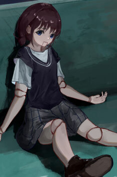 1girl absurdres blue_eyes blue_sweater_vest brown_hair chinese_commentary closed_mouth commentary_request doll_joints girls_band_cry grey_skirt highres iseri_nina joints low_twintails shirt short_hair short_sleeves short_twintails sitting skirt solo sweater_vest twintails white_shirt y_feng_l