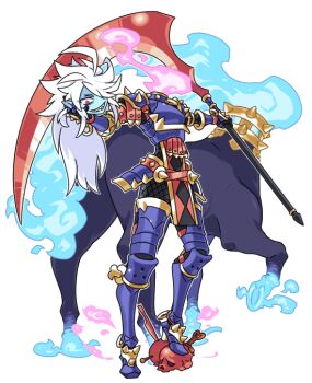 1boy ahoge arm_armor armband armlet armor armored_boots arms_up blue_armor blue_fire blue_skin boots breastplate collar colored_skin dullahan fire focas_(inu_fuji) full_armor full_body gauntlets gold_armor gold_trim greaves hair_over_one_eye head_off headless hip_armor holding holding_head holding_own_head holding_paper holding_scythe holding_weapon horse inu_fuji jewelry knife long_hair looking_at_viewer looking_to_the_side male_focus monster_boy original paper pink_fire pointy_ears red_armband red_eyes scythe sharp_teeth shoulder_armor sidelocks simple_background skull smile spiked_armband spiked_armlet spiked_armor spiked_collar spikes standing teeth weapon white_background white_hair