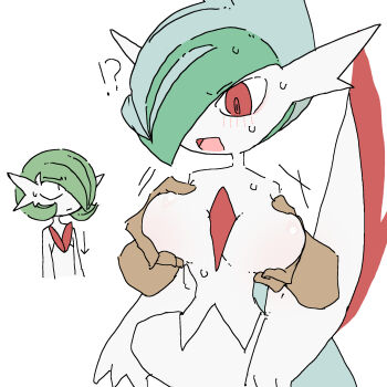 !? 2girls arm_blade arms_at_sides arrow_(symbol) bare_shoulders black_eyes blue_cape blue_hair blush bob_cut breast_envy breasts cape colored_skin cropped_torso disembodied_hand dress female_focus flat_chest gallade gardevoir gen_3_pokemon gen_4_pokemon genderswap genderswap_(mtf) grabbing_another's_breast green_hair groping hair_over_one_eye highres large_breasts mega_gallade mega_gardevoir mega_pokemon mohawk multicolored_hair multiple_girls nintendo one_eye_covered open_mouth pokemon pokemon_(creature) red_eyes short_hair simple_background solo_focus standing strapless strapless_dress surprised two-tone_hair weapon white_background white_dress white_skin yamada_(pixiv_24040206)