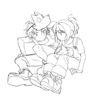 1boy 1girl cat charlotte_emily crying_child's_brother_(fnaf) five_nights_at_freddy's fox_mask highres lineart mask mask_on_head michael_afton overalls ponytail shoes short_hair shorts sitting tank_top yu_(user_yubyul)