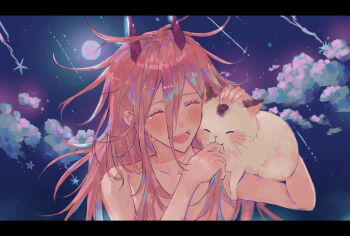 1girl animal animal_on_shoulder biting biting_finger brown_eyes cat cat_on_shoulder chainsaw_man cloud crying flat_chest full_moon hair_between_eyes highres horns hyeon_0613 letterboxed meowy_(chainsaw_man) messy_hair moon nude open_mouth power_(chainsaw_man) red_horns sharp_teeth shooting_star smile star_(sky) tears teeth