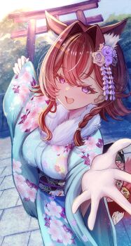 Rule 34 | 1girl, :d, absurdres, animal ear fluff, animal ears, blue kimono, breasts, brown hair, commentary request, day, floral print, fur collar, hair between eyes, hair intakes, highres, indie virtual youtuber, japanese clothes, kimono, komagami fuuro, long sleeves, looking at viewer, medium breasts, mito soosu, obi, open mouth, outdoors, pinching sleeves, purple eyes, sash, smile, solo, standing, torii, virtual youtuber, wide sleeves