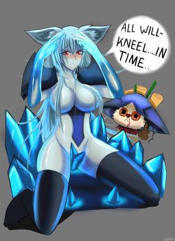 1girl animal_ears black_legwear blue_hair blue_skin breasts colored_skin female_focus full_body highres ice large_breasts league_of_legends lissandra_(league_of_legends) long_hair nude red_eyes solo teemo torahime_(roland00)