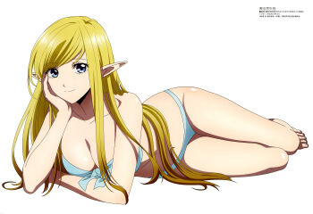Rule 34 | 1girl, absurdres, annette (isekai shikkaku), aqua bikini, bare arms, barefoot, bikini, blonde hair, breasts, cleavage, closed mouth, collarbone, elf, feet, hand on own face, highres, isekai shikkaku, large breasts, long hair, looking at viewer, lying, magazine scan, megami magazine, official art, on side, pointy ears, scan, sidelocks, simple background, smile, solo, swimsuit, toes, white background