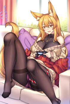 1girl animal_ear_fluff animal_ears bad_id bad_pixiv_id bare_shoulders black_pantyhose blonde_hair breasts cameltoe character_request cleavage controller copyright_request couch fox_ears fox_girl fox_tail game_console highres huge_breasts long_hair pantyhose playstation_4 ps4_controller shirokuma_a solo sony sweater tail thighband_pantyhose tight_clothes turtleneck very_long_hair yellow_eyes