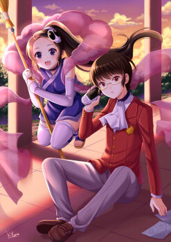 Rule 34 | 1boy, 1girl, :d, ascot, black eyes, broom, brown eyes, brown hair, elysia de lute ima, glasses, handheld game console, holding, kami nomi zo shiru sekai, katsuragi keima, long hair, open mouth, parted lips, playstation portable, ponytail, school uniform, shawl, sitting, smile, villyane