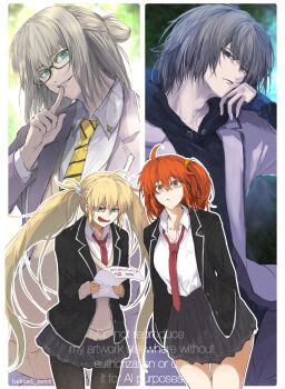 Rule 34 | 1boy, 2girls, ahoge, arms behind back, artoria caster (fate), artoria pendragon (fate), black hoodie, black pantyhose, black skirt, blue eyes, cardigan, closed mouth, commentary, fate/grand order, fate (series), finger to mouth, flower, fujimaru ritsuka (female), glasses, green eyes, grey hair, hair bun, hair flower, hair ornament, hair scrunchie, hakusi noto, hand on own cheek, hand on own face, head rest, highres, holding, holding paper, hood, hoodie, lapels, leaning forward, long hair, long sleeves, looking ahead, looking at object, looking at viewer, medium hair, miniskirt, multiple girls, multiple views, necktie, notched lapels, oberon (fate), oberon (third ascension) (fate), orange eyes, orange hair, pantyhose, paper, partially unbuttoned, pseudo-tokyo school uniform, red necktie, school uniform, scrunchie, short hair, sideways glance, skirt, star (symbol), striped clothes, striped necktie, surprised, sweatdrop, twintails, very long hair, wing collar, yellow necktie