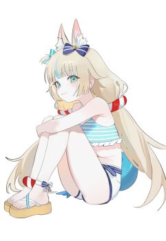 1girl absurdres animal_ear_fluff animal_ears aqua_hair aqua_streaks bare_shoulders bikini blonde_hair blue_bikini blue_bow blush bow breasts cat_ears closed_mouth commentary fins fish_girl fish_tail green_eyes hair_bow highres hugging_own_legs indie_virtual_youtuber light_smile long_hair looking_at_viewer multicolored_hair nbee_ya platform_sandals sameko_saba sameko_saba_(1st_costume) sandals scrunchie short_shorts shorts sidelocks simple_background sitting sleeveless small_breasts solo striped_bikini striped_bow striped_clothes swimsuit tail thighs two-tone_hair virtual_youtuber white_background white_shorts wrist_scrunchie