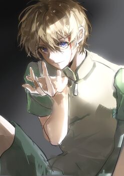 1boy absurdres aydllie bleeding blonde_hair blood blood_from_forehead blue_eyes digimon digimon_adventure digimon_adventure_02 green_shorts highres looking_at_viewer male_focus shorts takaishi_takeru two-tone_shirt