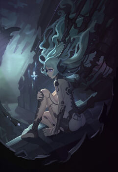 1girl barefoot blue_hair breasts closed_mouth commentary dusttodusk female_focus floating_hair from_side headgear highres hugging_own_legs large_breasts nude original plug profile purple_eyes sitting solo