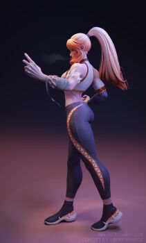 1girl 3d abs absurdres bandages black_footwear black_leggings blender_(medium) blonde_hair bra brass_knuckles cleavage_cutout clothing_cutout fighting_stance from_side full_body glasgow_smile gradient_background highres leggings long_hair monster_girl muscular muscular_female ninjason_chan ponytail scar scar_on_face scar_on_nose sharp_teeth simple_background skin_tight solo sports_bra sportswear standing stomach tanya_(jeremy_anninos) teeth underwear weapon white_bra