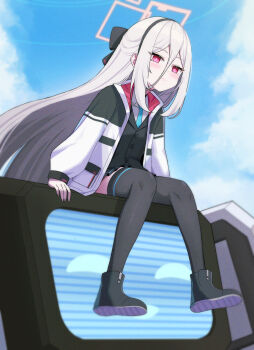 Rule 34 | 1girl, absurdres, black bow, black hairband, black shoes, black skirt, black thighhighs, black vest, blue archive, blue necktie, blush, bow, commentary, full body, hair between eyes, hair bow, hairband, halo, highres, jacket, junmin, kei (amas) (blue archive), kei (blue archive), kei (new body) (blue archive), long hair between eyes, multicolored jacket, necktie, rectangular halo, red eyes, red halo, ringed eyes, robot, school uniform, shoes, sitting, skirt, smile, solo, thighhighs, two-tone jacket, vest, zettai ryouiki