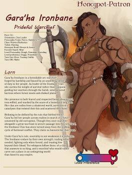 1girl abs arm_tattoo asymmetrical_hair axe battle_axe bikini brown_bikini brown_hair brown_loincloth bulge character_name cherry-gig clenched_hand commentary english_commentary english_text fur_trim futanari gara'ha_ironbane heart highres holding holding_axe long_hair looking_at_viewer male-female_symbol muscular muscular_female orange_eyes orc original ponytail reference_sheet shoulder_tattoo sidecut solo swimsuit tattoo thick_thighs thighs tusks undercut vambraces weapon yuri