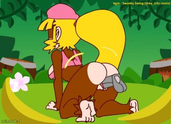 1boy 1girl 2021 20s animated animated_gif blonde_hair bouncing_breasts breasts dixie_kong dixie_kong_animation_(minus8) doggystyle donkey_kong_(series) donkey_kong_country flower furry furry_with_furry furry_with_non-furry green_eyes hat interspecies jungle large_breasts long_hair midriff minuspal monkey monkey_girl nature nintendo ponytail pussy_grip rareware sex sex_from_behind tagme underboob vaginal