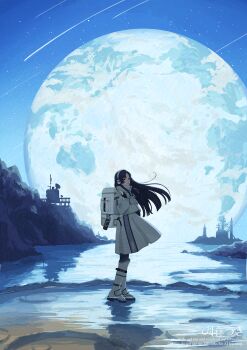 1girl backpack bag black_eyes black_gloves black_hair black_pantyhose boots closed_mouth commentary_request crater crying crying_with_eyes_open earth_(planet) floating_clothes floating_hair from_side gloves hands_up headphones highres jacket long_hair long_sleeves looking_at_viewer meteor_shower on_moon original pantyhose planet pleated_skirt reflection reflective_liquid satellite_dish science_fiction skirt sky solo standing star_(sky) starry_sky streaming_tears structure tears tsukimoritsuki turning_head wading water watermark white_bag white_boots white_jacket white_skirt wide_shot