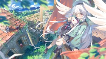 1girl beret black_sailor_collar black_shoes black_skirt commentary_request envelope feathered_wings frilled_skirt frills green_hat green_shirt hat holding holding_envelope letter long_hair long_sleeves open_mouth original red_eyes sailor_collar sailor_shirt shiro_youduki shirt shoes sitting skirt solo thighhighs twintails white_hair white_thighhighs white_wings wings